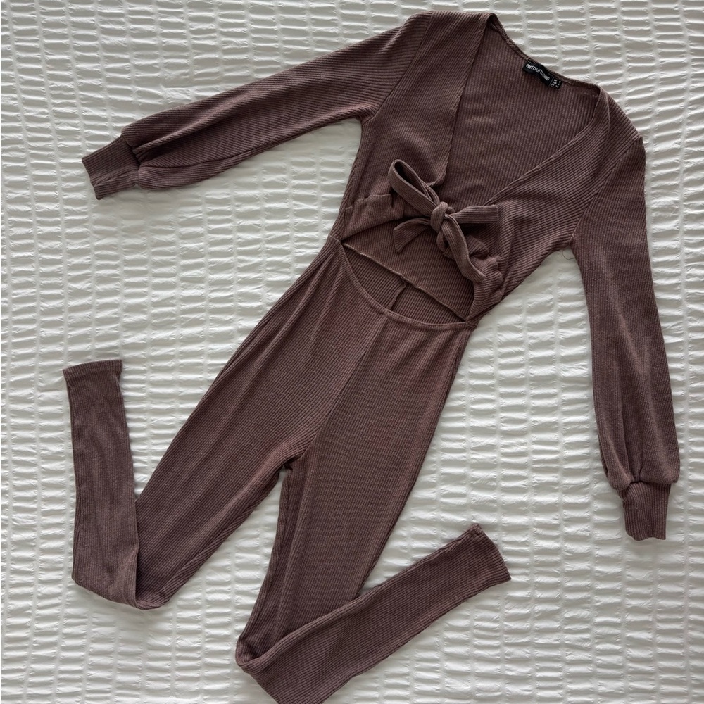 Ribbed Jumpsuit with Bow Tie Detail